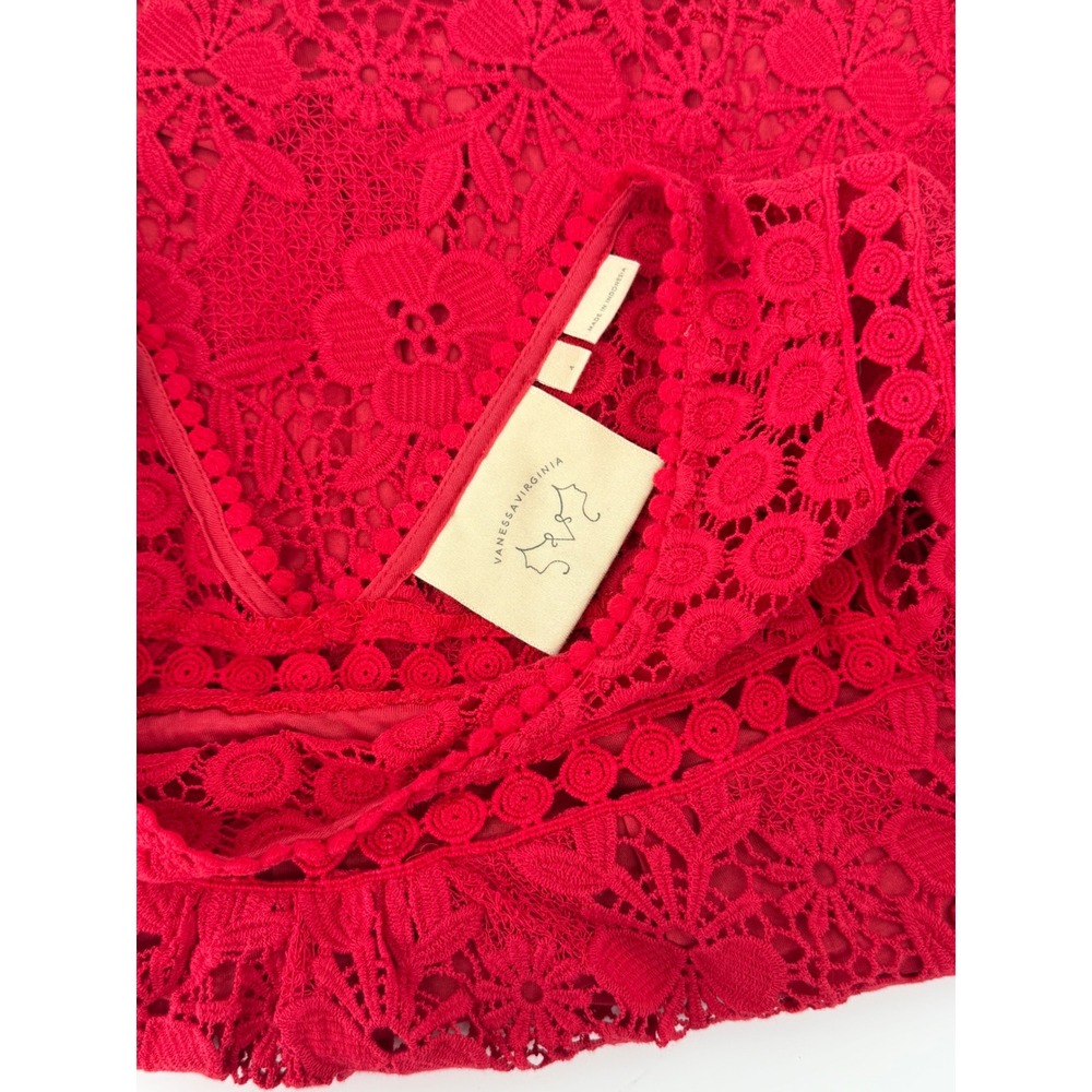 Vanessa Virginia Anthropologie Red Floral Lace Scalloped‎ V-Neck Short Sleeve 4 - Picture 6 of 9